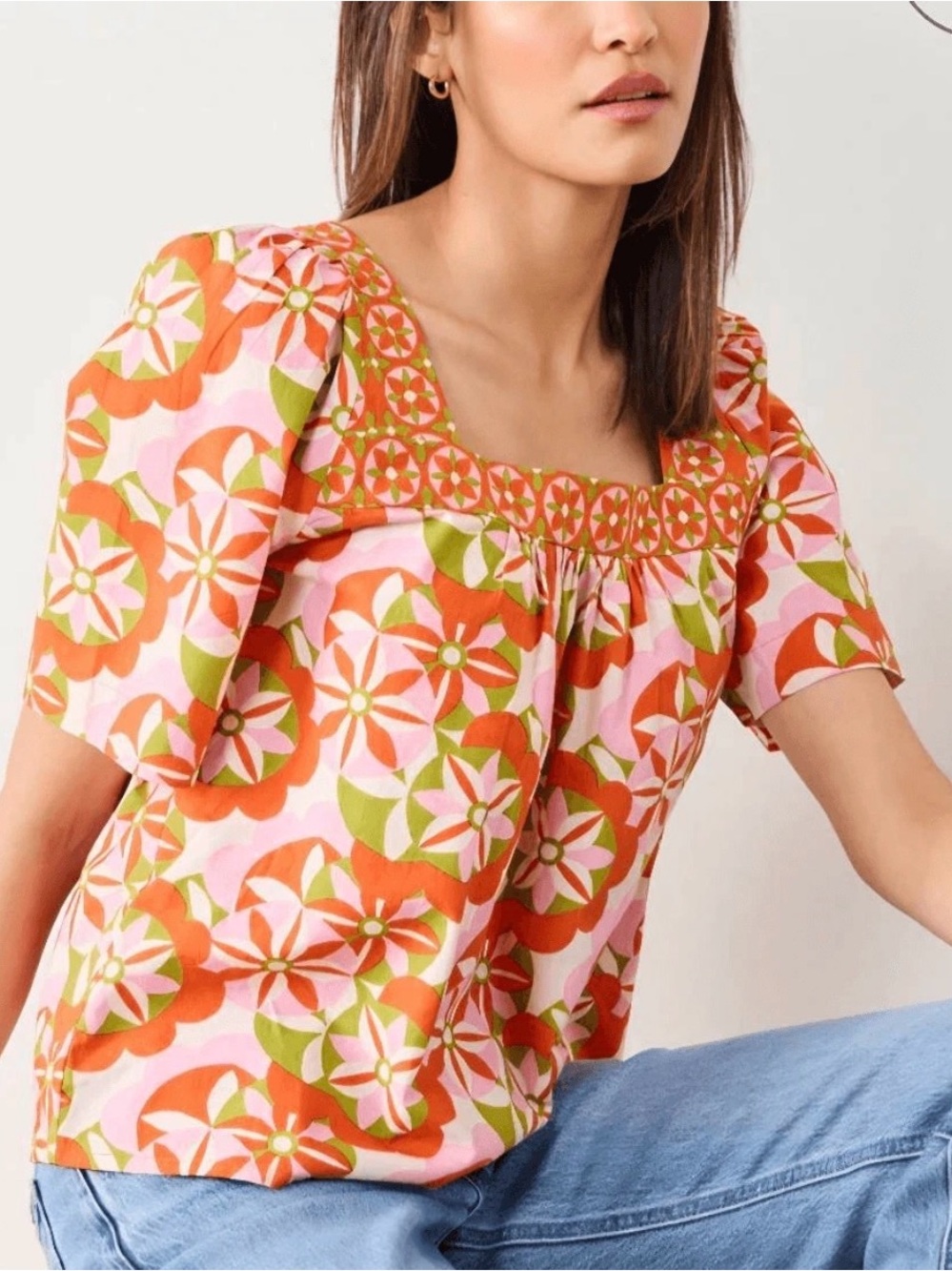 Printfresh NWT Tara Blouse Square-Neck Floral Peasant Top in Red & Pink - Picture 6 of 6